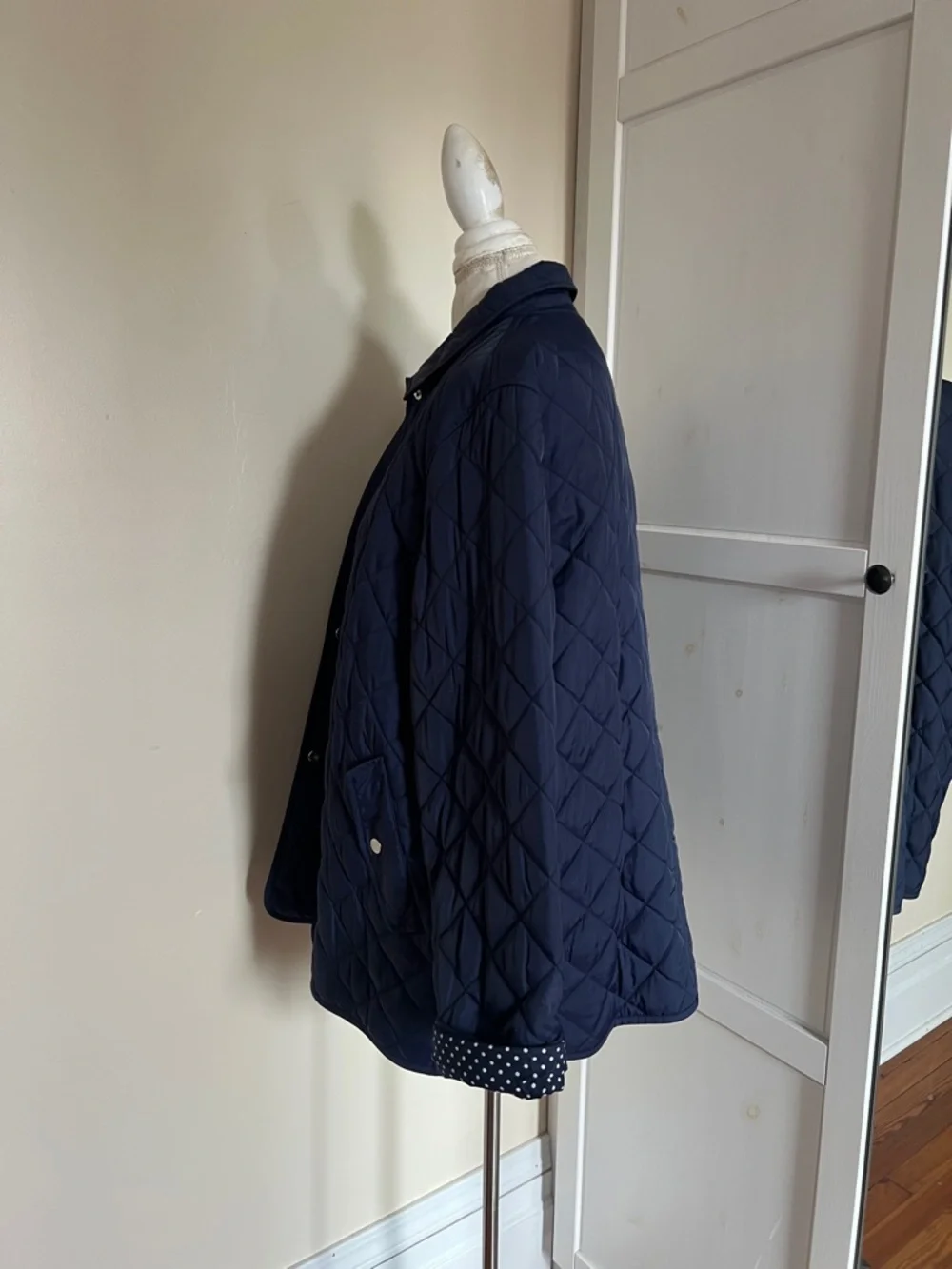 Jones New York Signature Navy Quilted Preppy Nautical Jacket L Polka Dot Lining